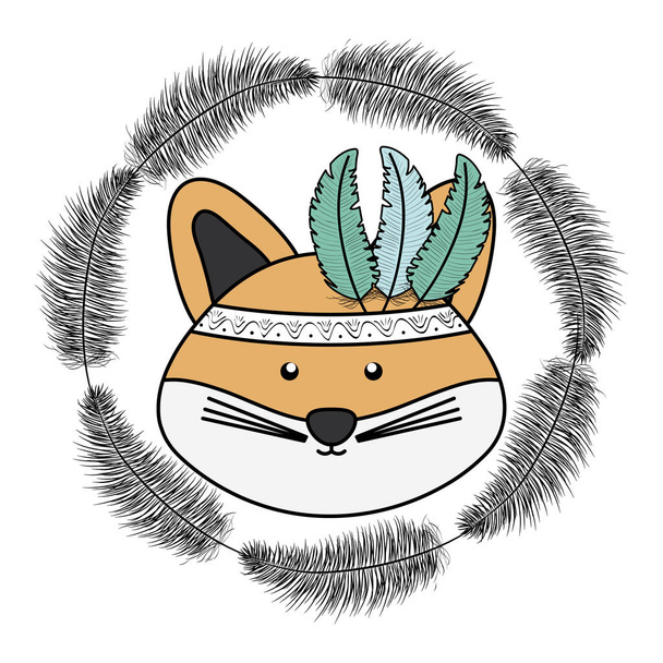 cute fox with feathers hat bohemian style character - Вектор, зображення