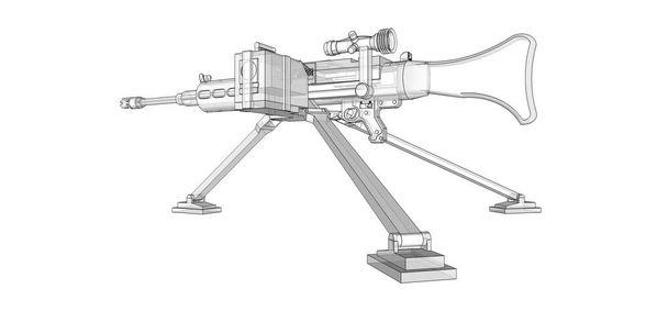 Великий кулемет на тринозі з повнокасетними боєприпасами на білому тлі. Схематична ілюстрація зброї в контурних лініях з напівпрозорим тілом. Тривимірне
. - Фото, зображення