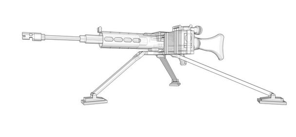 Большой пулемет на штативе с полными кассетными боеприпасами на белом фоне. Схематическая иллюстрация оружия в контурных линиях с полупрозрачным корпусом. Трехмерная иллюстрация
. - Фото, изображение