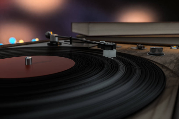 Le vieux tourne-disque vinyle en bois sur la table, rendu 3d
. - Photo, image
