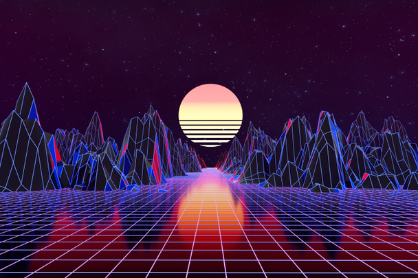 3D-Hintergrundillustration inspiriert von Synthwave und Retrowave der 80er Jahre. - Foto, Bild