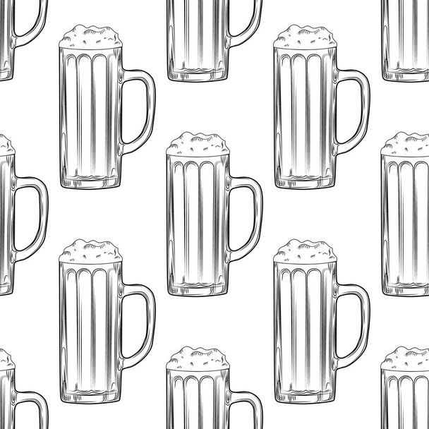 Beer mug seamless pattern. Full beer glasses with foam backdrop. - Vector, Image