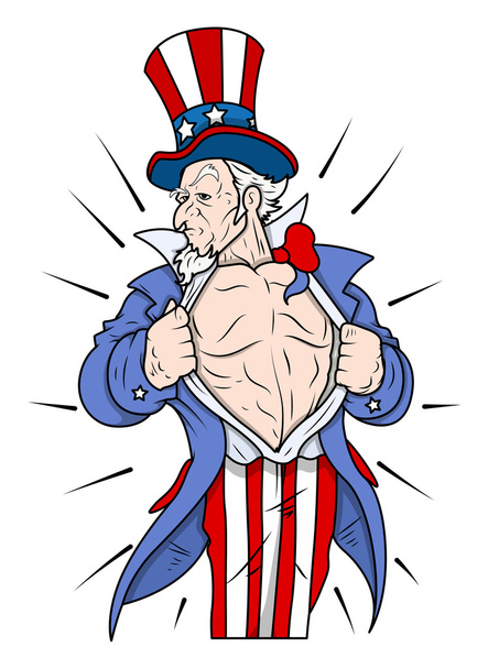 Szuperhős Uncle Sam mutatja a mellkas - 4th-ból július vektoros illusztráció - Vektor, kép