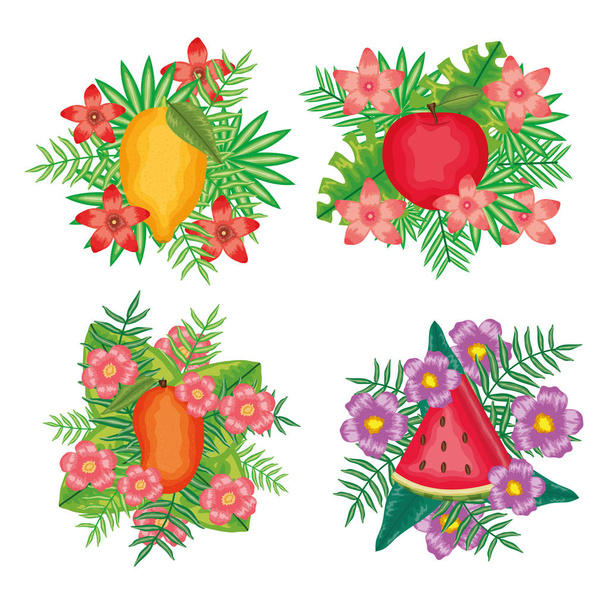 set of fresh fruits with flowers and leafs frames - Vector, Image