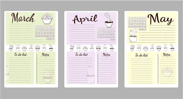 3月、4月、5月の春のビジネスプランと習慣リストの毎月のシート. - ベクター画像