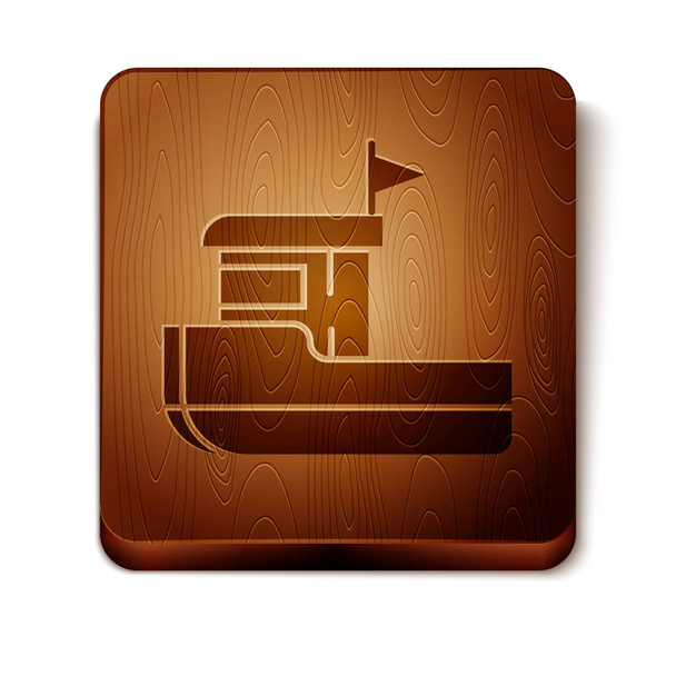 Braunes Fischerboot-Symbol isoliert auf weißem Hintergrund. hölzerne quadratische Taste. Vektorillustration - Vektor, Bild