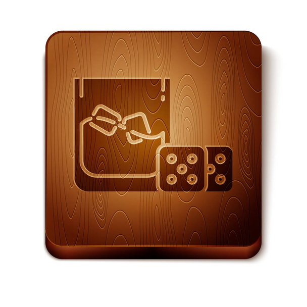 ブラウンゲームサイコロと白い背景に隔離された氷のキューブアイコンとウイスキーのガラス。カジノのギャンブル木製の正方形のボタン。ベクトルイラストレーション - ベクター画像