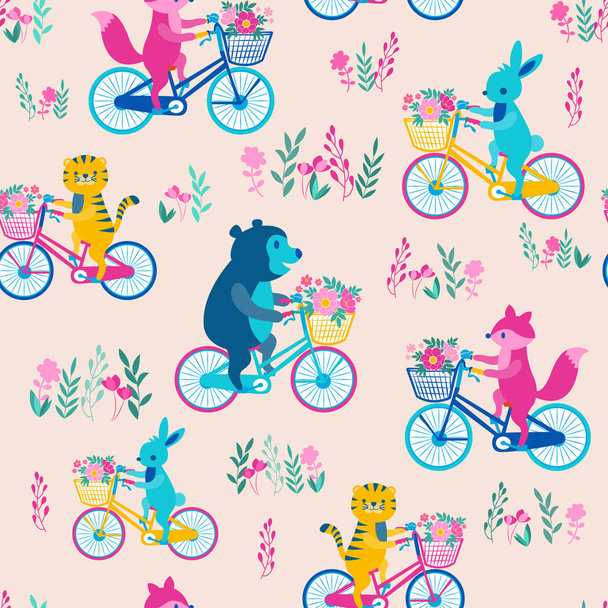 botanische tropische Tier Fuchs, Kaninchen, Tiger, Bär Fahrt ein Fahrrad nahtloses Muster, Gartenkonzept, glücklichen Sommer tropischen Wald Dschungel Szene, Illustration Vektor auf rosa Hintergrund - Vektor, Bild