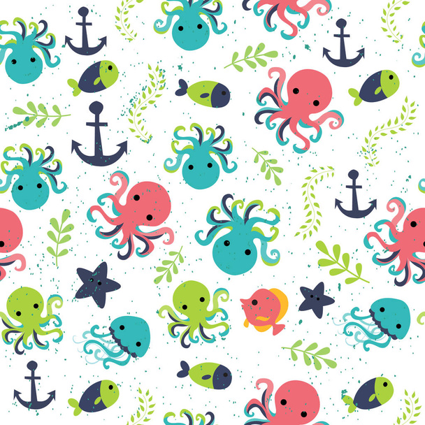 cute seamless pattern octopus and jellyfish seaweed and starfish joyful spring summer,African botanical tropical woodland style,for invitation card background,illustration vector - Wektor, obraz