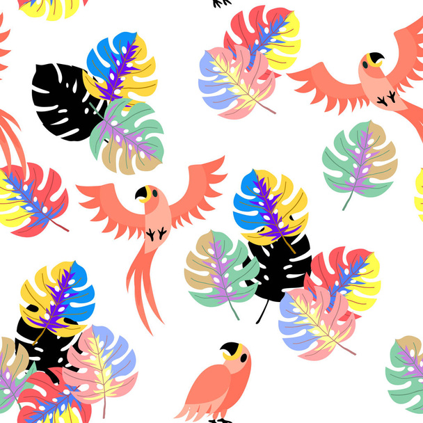 χαριτωμένο ομαλή μοτίβο πολύχρωμο φύλλο και παπαγάλος πουλί χαρούμενο άνοιξη του καλοκαιριού, αφρικανικό βοτανικό τροπικό δάσος στυλ, για πρόσκληση φόντο κάρτα, διάνυσμα εικόνα - Διάνυσμα, εικόνα