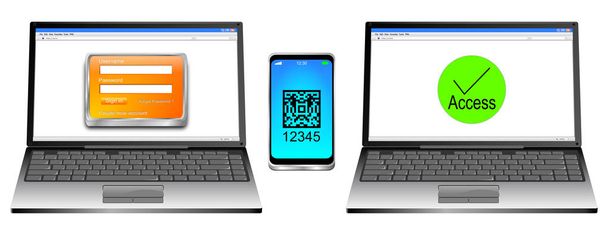 Computer portatile e smartphone con autenticazione a due fattori - Illustrazione 3D
 - Foto, immagini