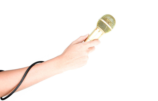 Mão segurando microfone de ouro isolado no branco
 - Foto, Imagem