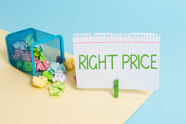 Text sign showing Right Price. Conceptual photo the amount of money that it is reasonable for the product Trash bin crumpled paper clothespin empty reminder office supplies tipped. - Fotó, kép