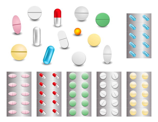 Set of pills in different forms and shapes - Vector, Image