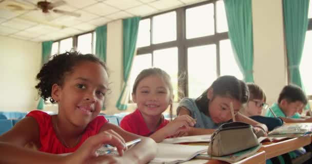 Hymyilevät ala-asteen oppilaat luokkahuoneessa
 - Materiaali, video