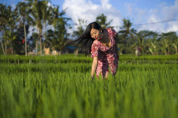 natural and fresh lifestyle portrait of  young beautiful and attractive Asian Korean woman in elegant dress walking on green rice field enjoying exotic Summer holidays - Fotó, kép