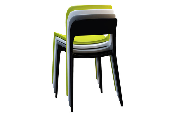 Montón de sillas multicolores de plástico de mediados de siglo con patas delgadas. 3d renderizar
 - Foto, Imagen