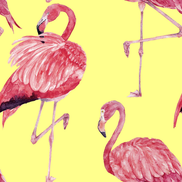 Pink flamingos seamless watercolor pattern. Zoo bird park. Hand drawn illustration with flock pink birds, pink feathers, watercolor background - Фото, изображение