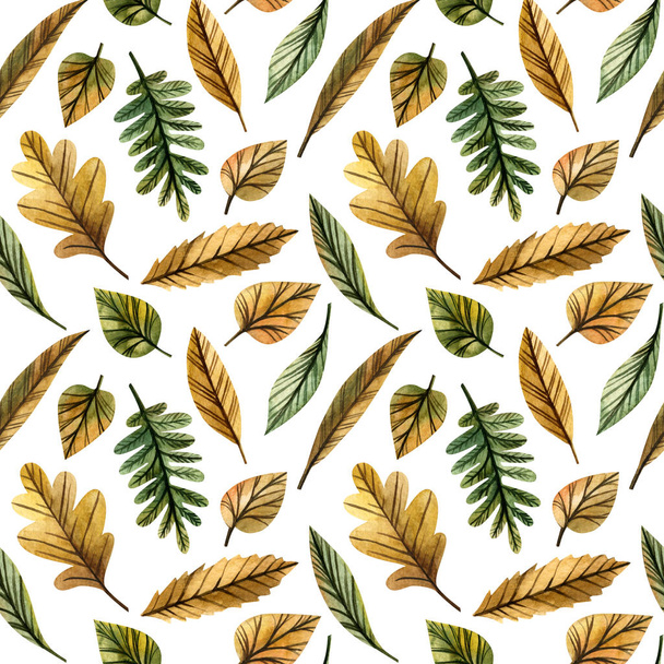 Watercolor seamless pattern autumn leaves on a white background. Hand drawn illustration. Design for wedding invitations, greeting cards, cards. - Fotó, kép