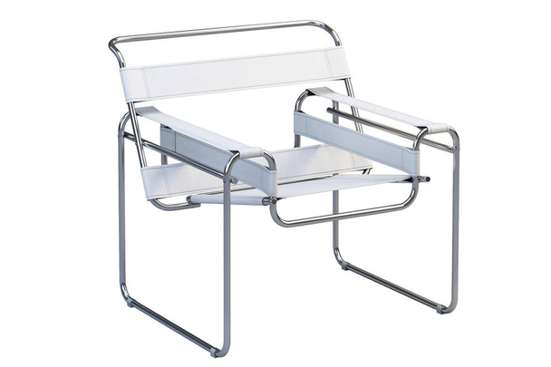 Biały skórzany fotel z metalowymi nogami. Renderowanie 3D - Zdjęcie, obraz