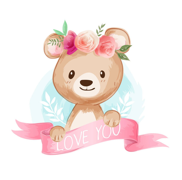 cute cartoon bear on floral crown illustration - Vector, Image