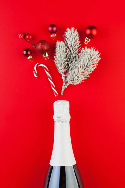 Christmas composition with white Sparkling wine bottle - 写真・画像