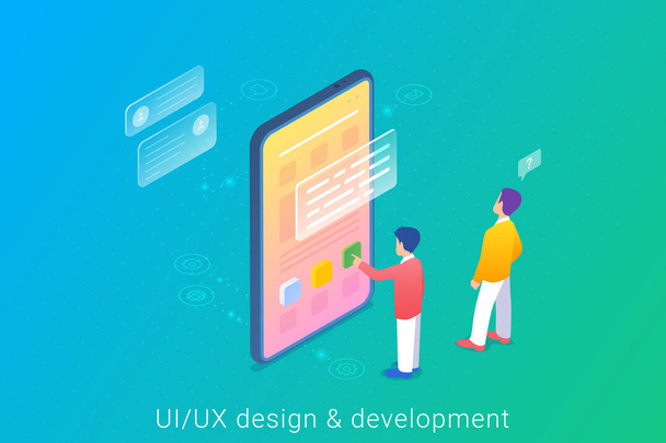 Uživatelské rozhraní pro vývoj aplikací UX design izometrický plochý vektorový obrázek. - Vektor, obrázek