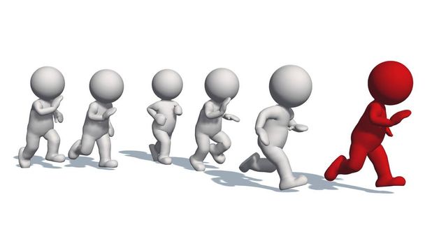 3d weiße Menschen, die mit einem roten Menschen laufen - isoliert auf weißem Hintergrund - 3d Illustration - Foto, Bild