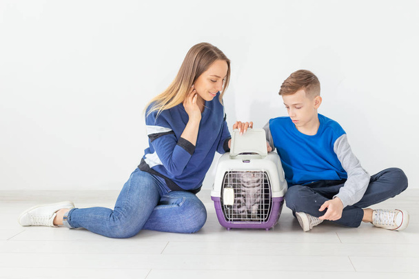 Pozitív jó kinézetű anya és fia indít a szép szürke skót Fold macska be az új lakás a lépés után. A housewarming koncepciója. - Fotó, kép