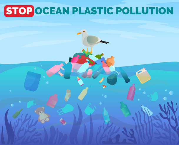 Stop ocean plastic pollution poster with pile of garbage in water - Vector, Image