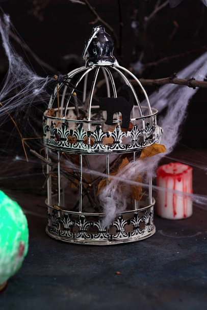 Red Spider decorativa en jaula vintage para Halloween. Decoración del hogar
 - Foto, imagen