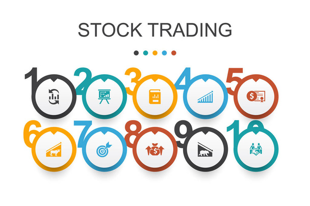 stock trading Modello di progettazione infografica. mercato del toro, orso mercato, relazione annuale, icone obiettivo
 - Vettoriali, immagini