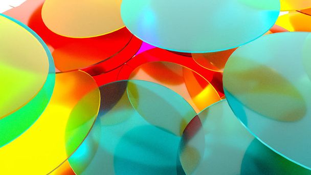 Abstract background of glass multi-colored transparent disks. 3d - 写真・画像