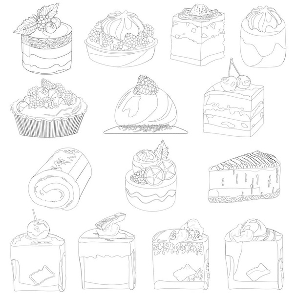 Set of vector desserts. Outline sweets on a white background. Sponge cake, cupcake, cupcake, cheesecake with jam and berries, fruit cake, panna cotta. - Vector, Image