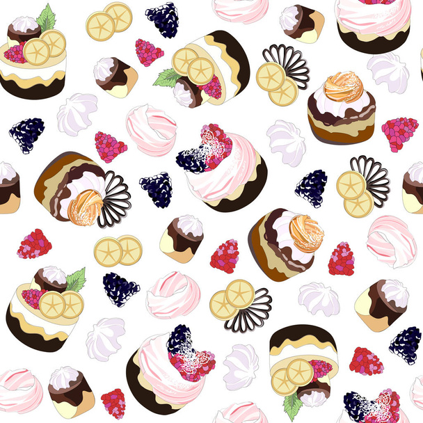 Seamless pattern with sweets. Cakes, muffins, pastries with cream, cakes, berries, marshmallows, chocolate on a white background. Endless collection of vector elements. - Vector, Image