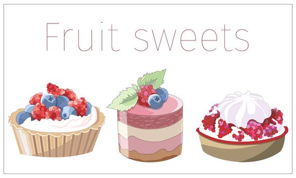 Set of cakes, sweets, baskets with cream and berries. French dessert. Vector icon. - Vector, Image