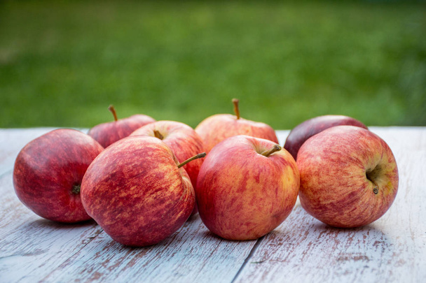 Organiczne dojrzałe jabłka na drewnianym stole w ogrodzie. Składniki do gotowania. Zbiorów. - Zdjęcie, obraz
