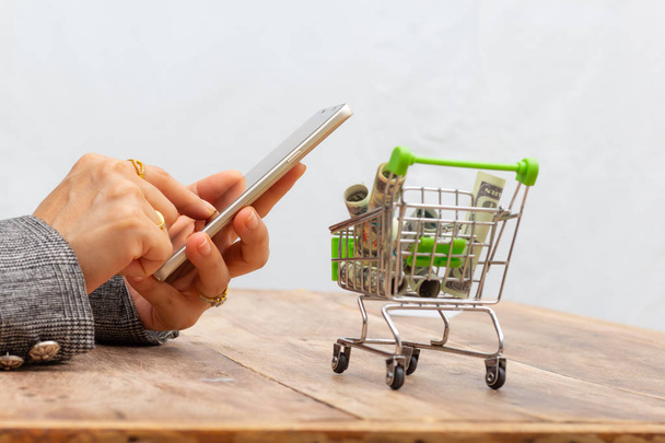 Women holding smart phone and money bank in the shopping cart on - Foto, Bild