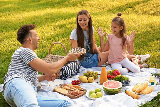 Happy family having picnic in park on sunny summer day - Photo, image