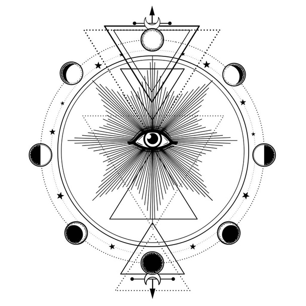 Mistyczny rysunek: oko, orbity planet, fazy księżyca, koło energetyczne. Święta geometria. Alchemia, magia, ezoteryczne, okultyzm. Monochromatyczna ilustracja wektorowa na białym tle - Wektor, obraz