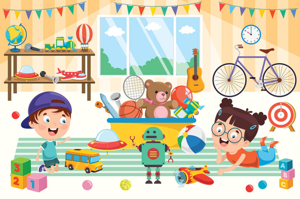 Happy Children Playing With Toys - Vector, Image