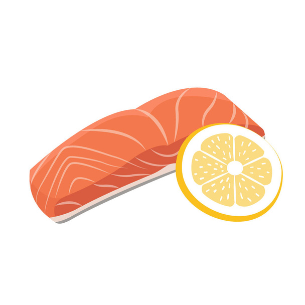 М'ясний вектор - стейк з червоного рибного лосося з нарізами лимона. Свіжий м'ясний значок
. - Вектор, зображення
