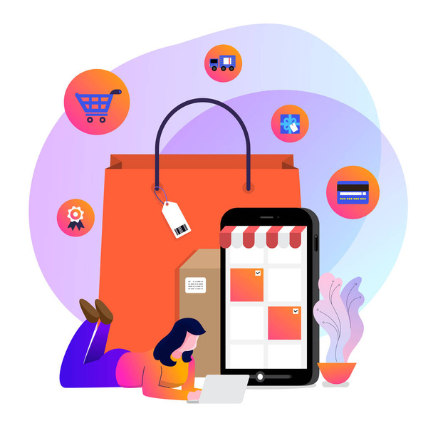Ilustracje koncepcji projektowania zakupów online. Shopper używać urządzenia internetowego kupić produkt e-commerce. Wektor ilustrują. - Wektor, obraz