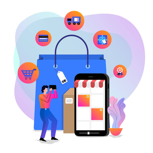 Illustrations concept design online shopping. Shopper use internet device buy product e-commerce. Vector illustrate. - Vector, Image