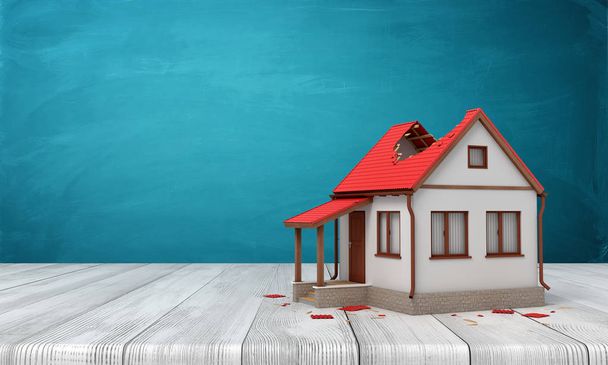 3D-Rendering eines privaten weißen Hauses mit beschädigtem roten Dach auf weißem Holzboden und dunkeltürkisfarbenem Hintergrund - Foto, Bild