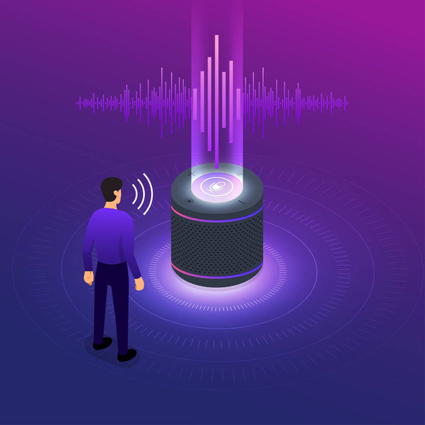 Concept Design Voice Technology. Isometric Illustrations vector. assistant connecting device with speak to machine learning or AI. Internet of thing. - Vector, Image