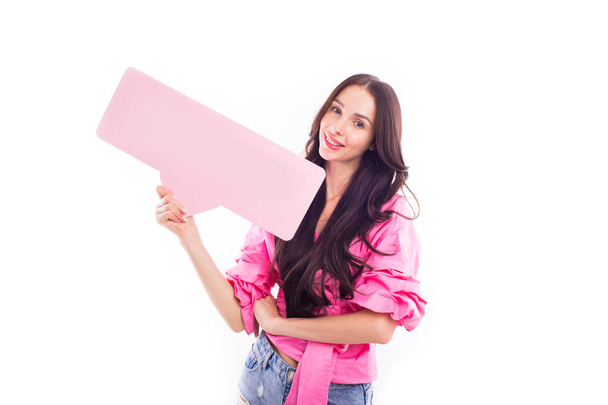 Cheerful Bright Girl in pink clothes on isolated white background. - Φωτογραφία, εικόνα