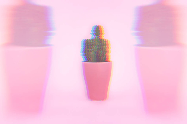 Background. Green cactus on a pink background in a pink pot. Abstraction. - Fotografie, Obrázek