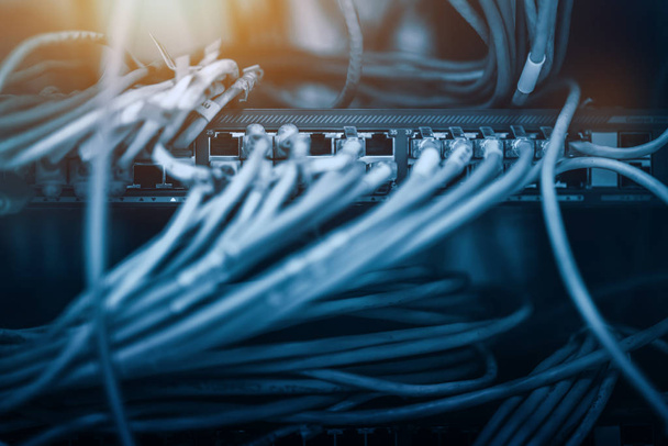Καλώδιο Ethernet συνδεδεμένο με διακόπτη. Ιδέα τηλεπικοινωνιών. - Φωτογραφία, εικόνα