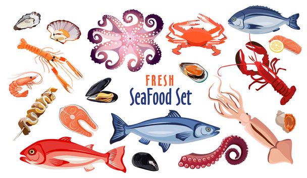 Conjunto de iconos de mariscos frescos, productos para el diseño de restaurantes o cafeterías
 - Vector, imagen